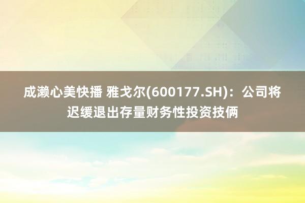 成濑心美快播 雅戈尔(600177.SH)：公司将迟缓退出存量财务性投资技俩